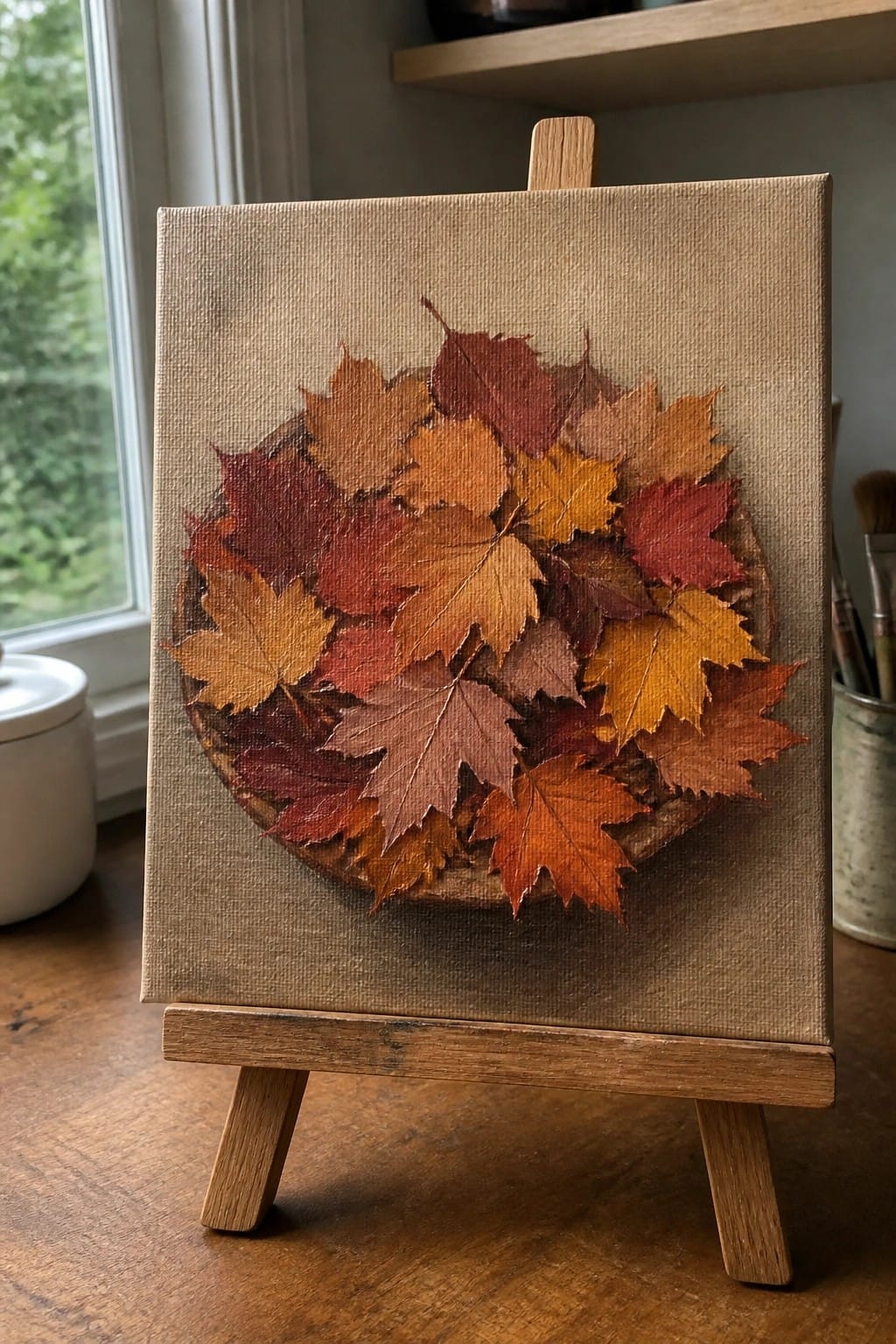 Wooden easel holds canvas with circular arrangement of colorful autumn leaves