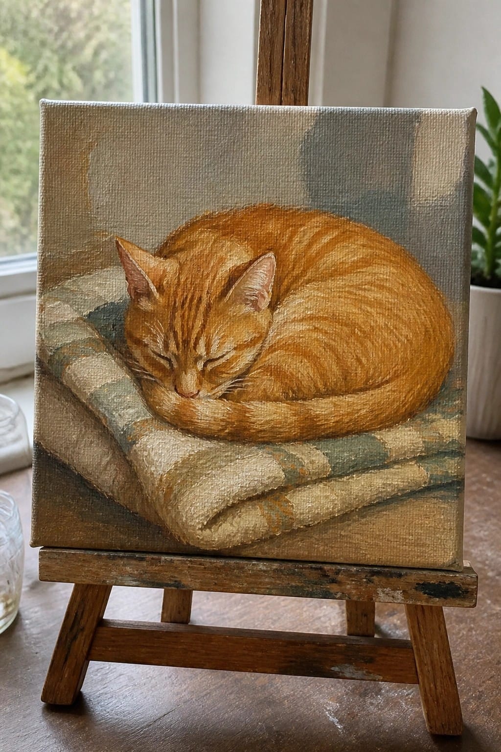 Orange cat curled asleep on plaid fabric atop wooden easel by window
