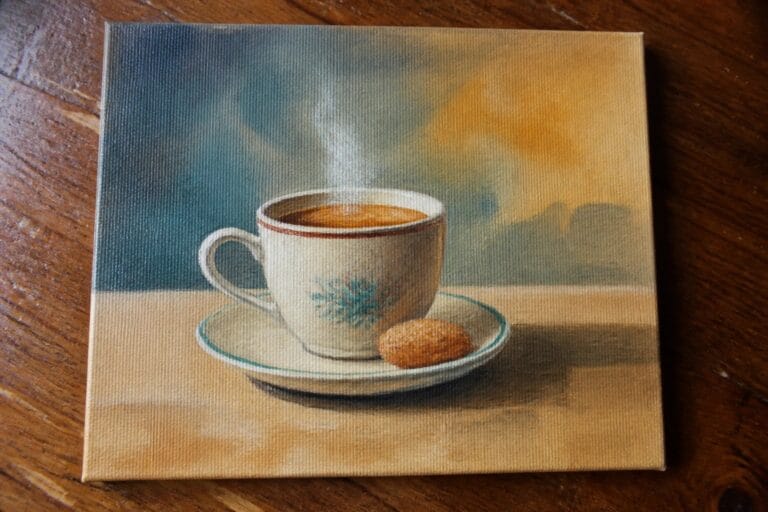 Painting of steaming white teacup with brown rim, saucer, and cookie on wood