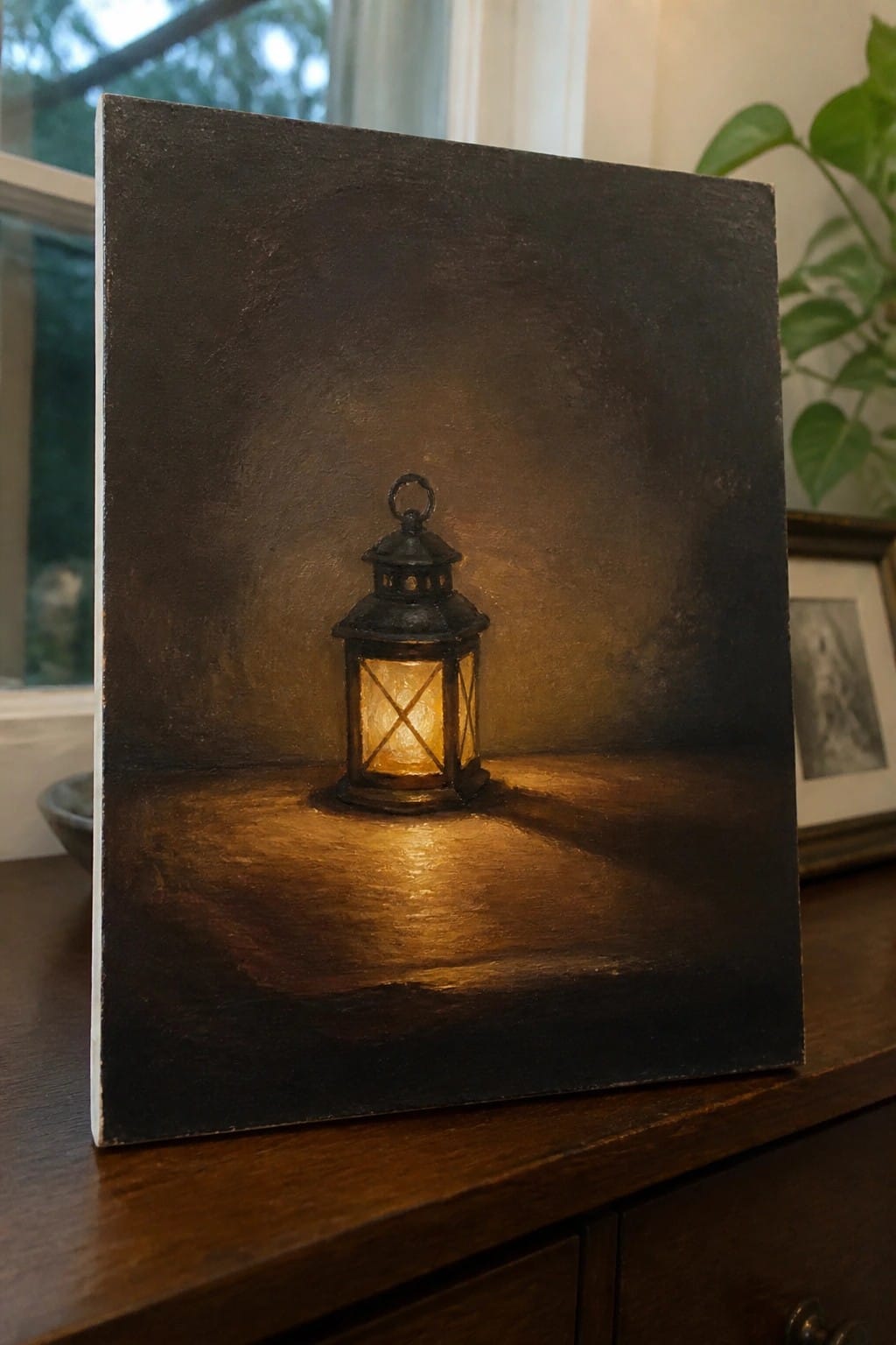 Realistic painting of a lit black lantern glowing on a dark surface
