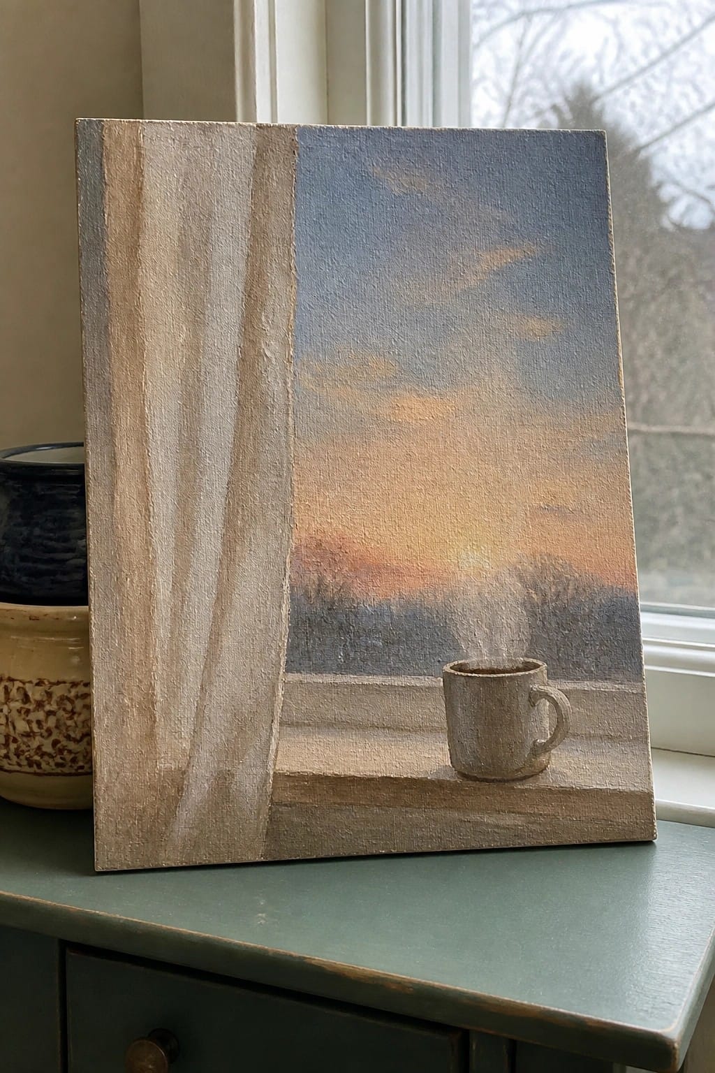 Painting of sunset with steaming mug on windowsill beside textured beige panel