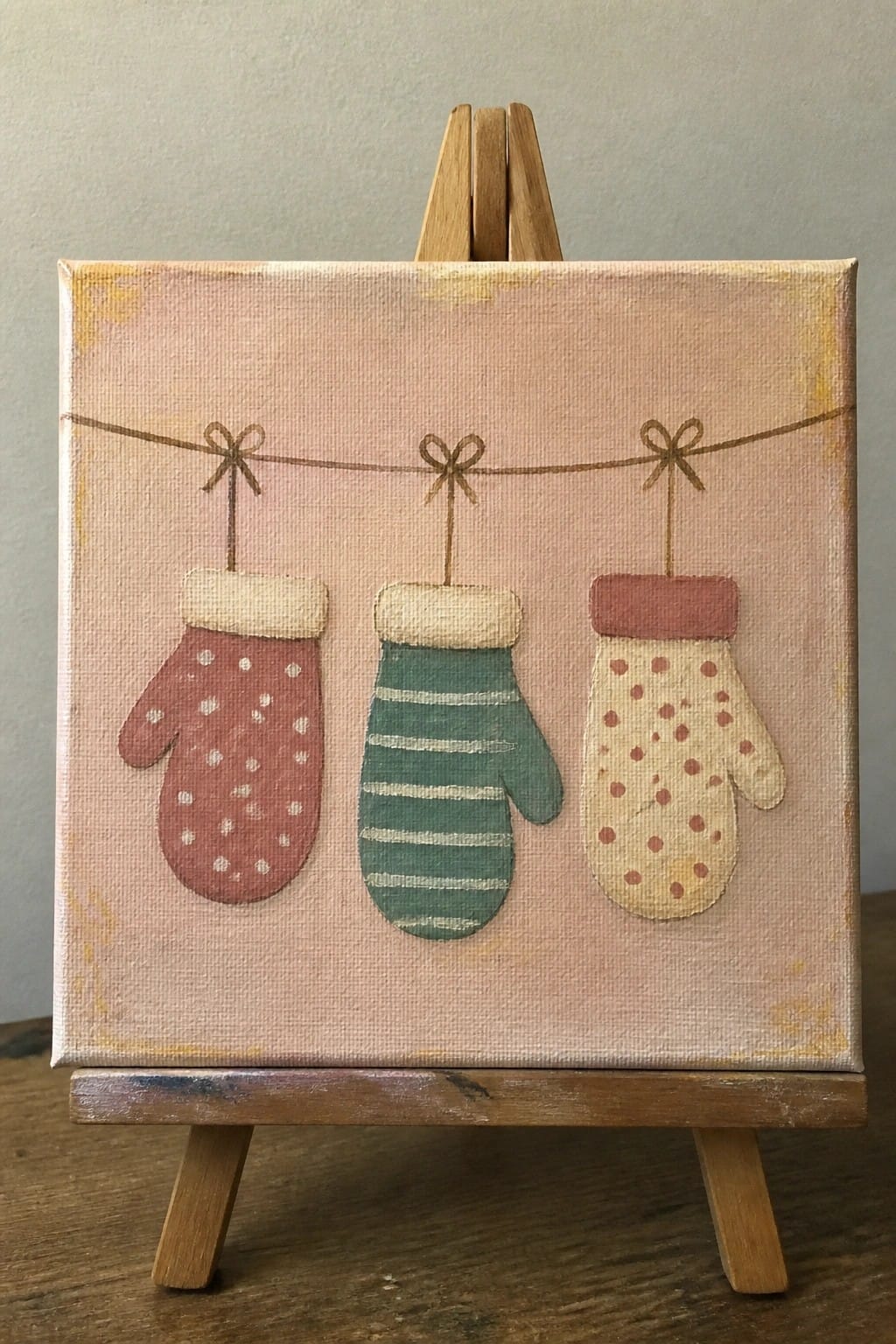 Three colorful mittens hanging from bows on a pink canvas easel