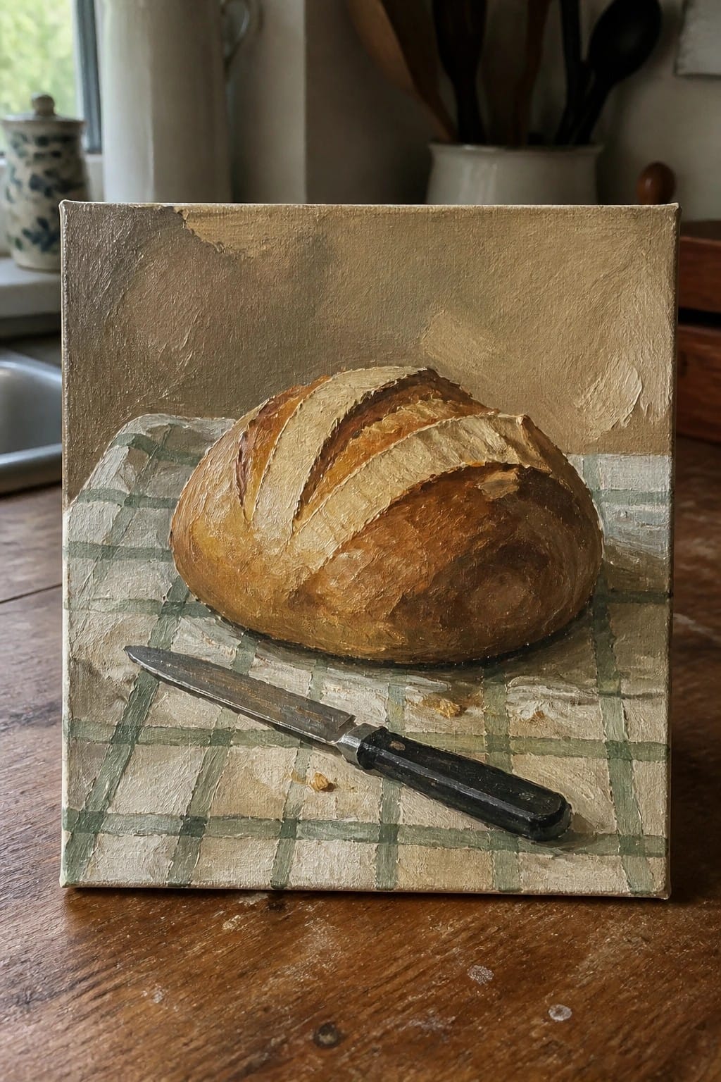 Realistic oil painting of crusty bread loaf and knife on green checkered cloth