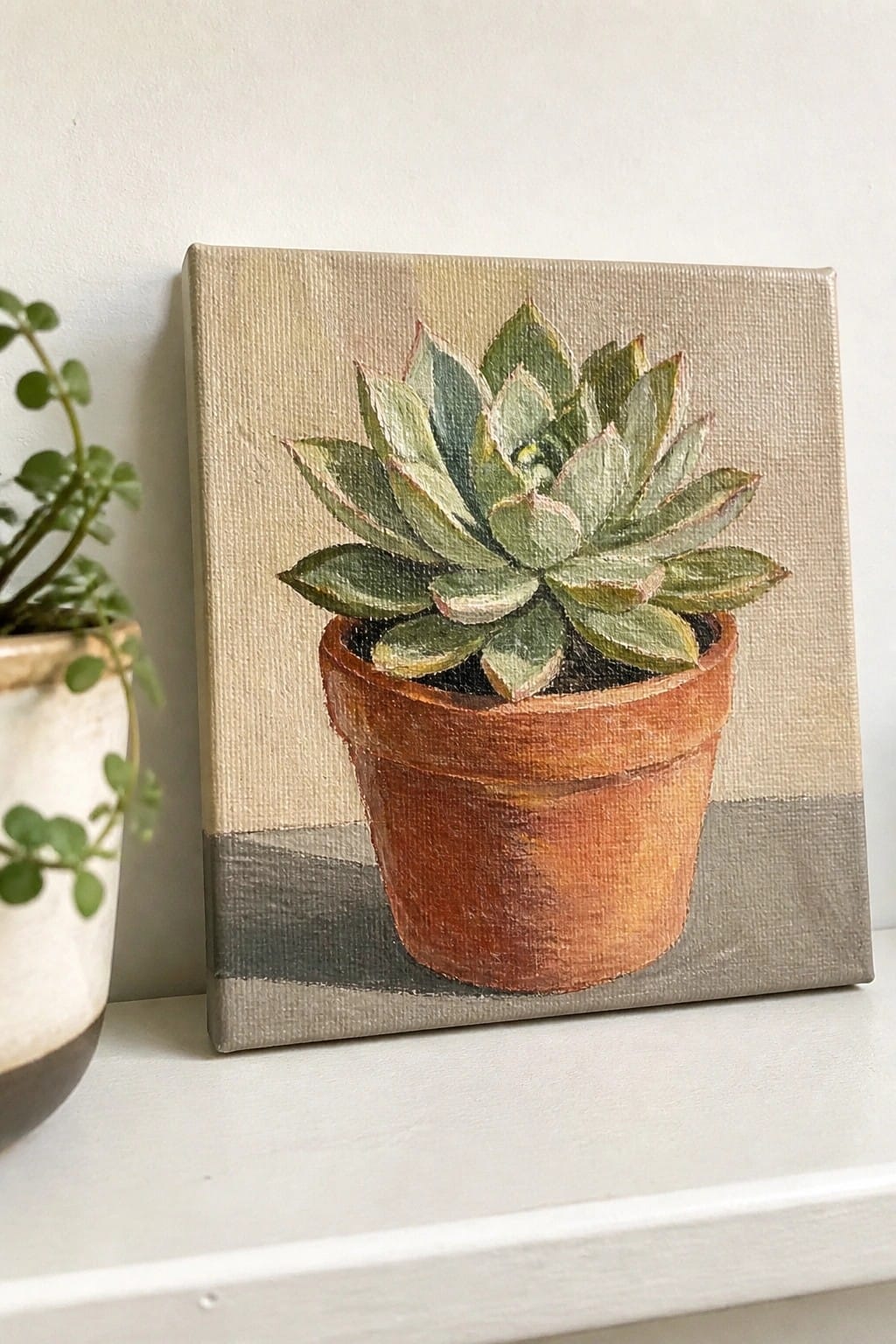 Canvas painting of green succulent in terracotta pot on beige background