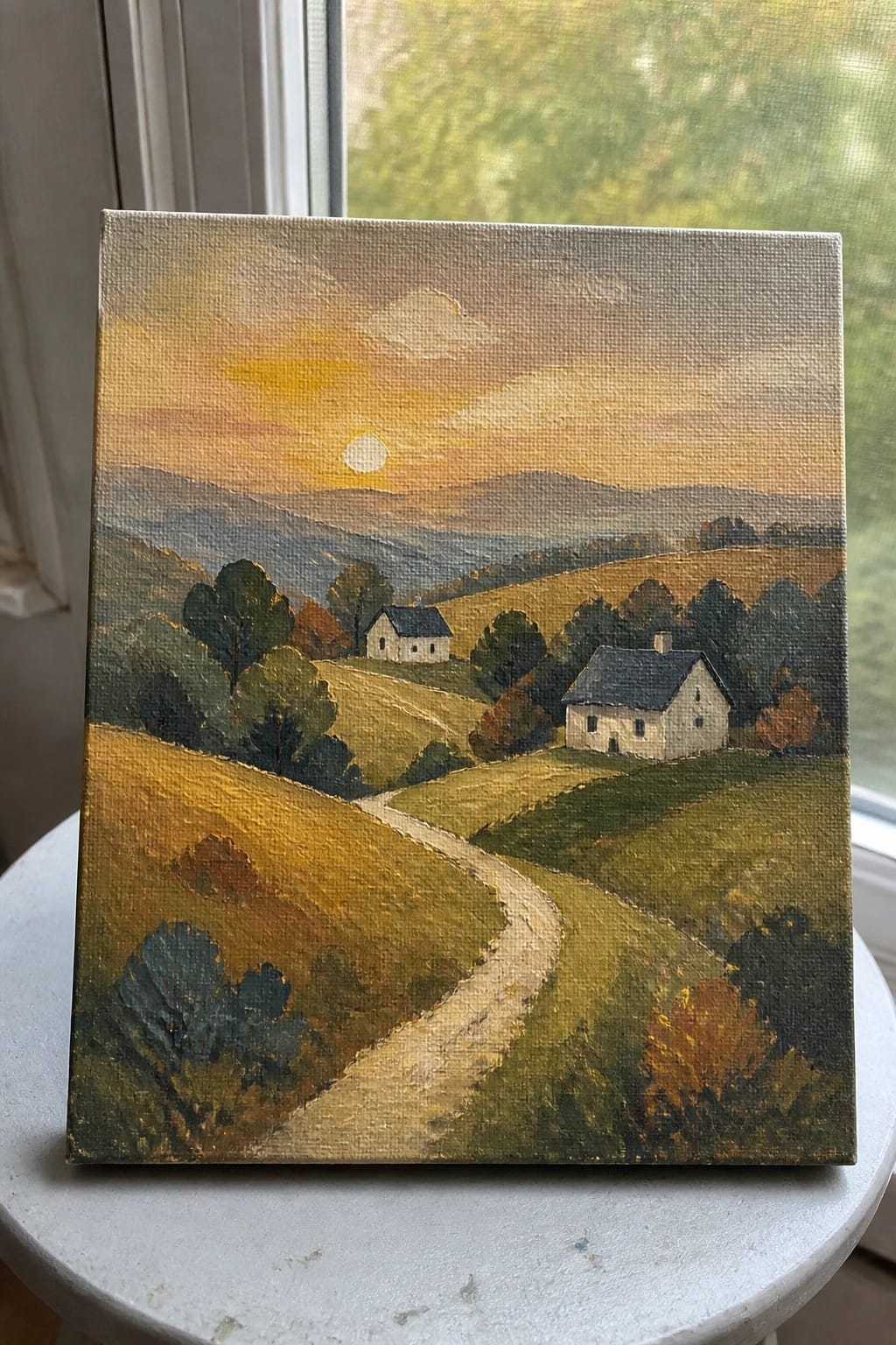 Autumn landscape painting with winding path, two white houses, and golden sunset hills