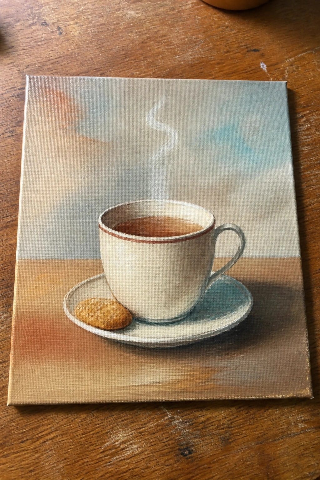 Painting of steaming white teacup with brown rim, saucer, and cookie on wood