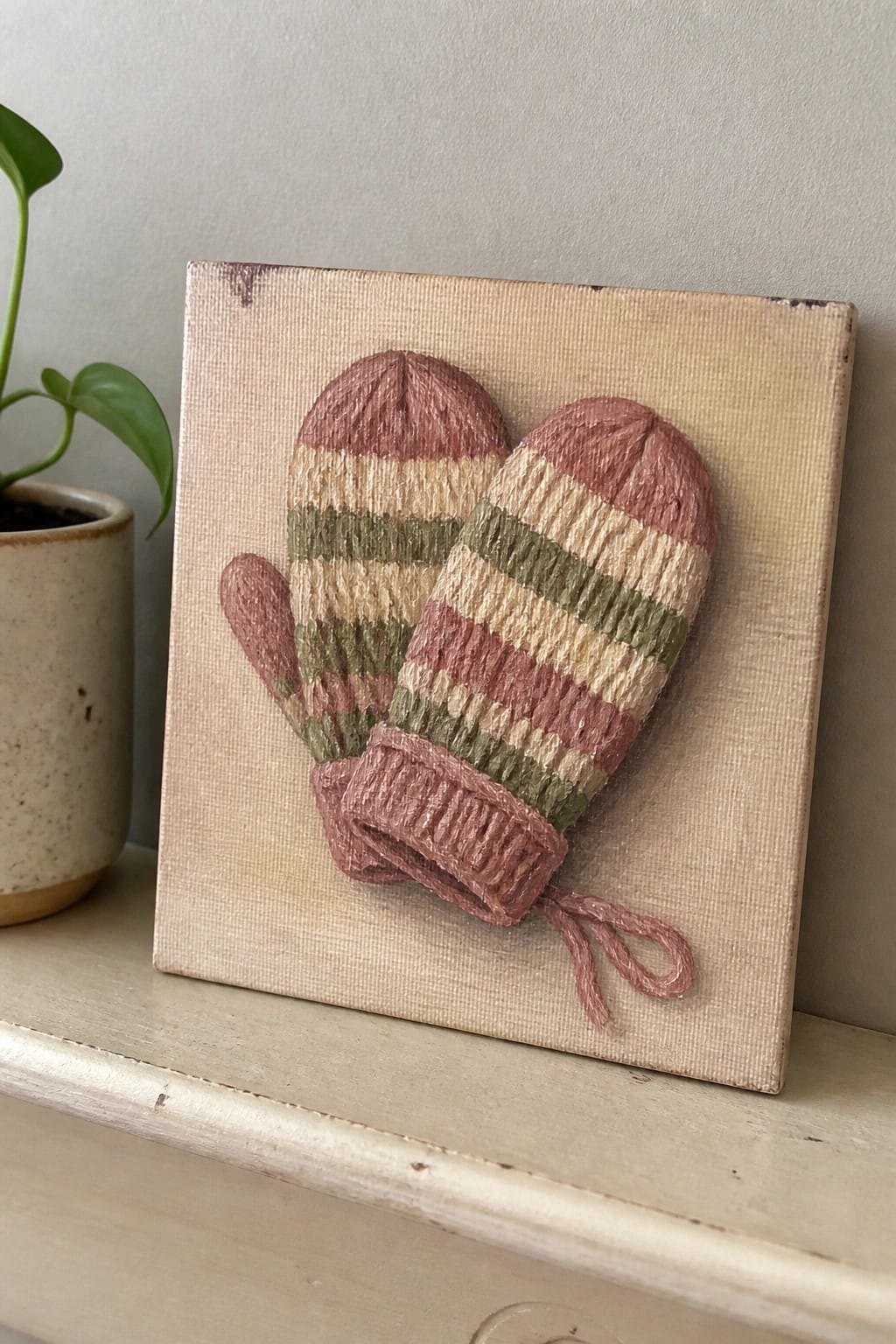 Pair of pink striped knitted mittens with green accents on beige canvas.