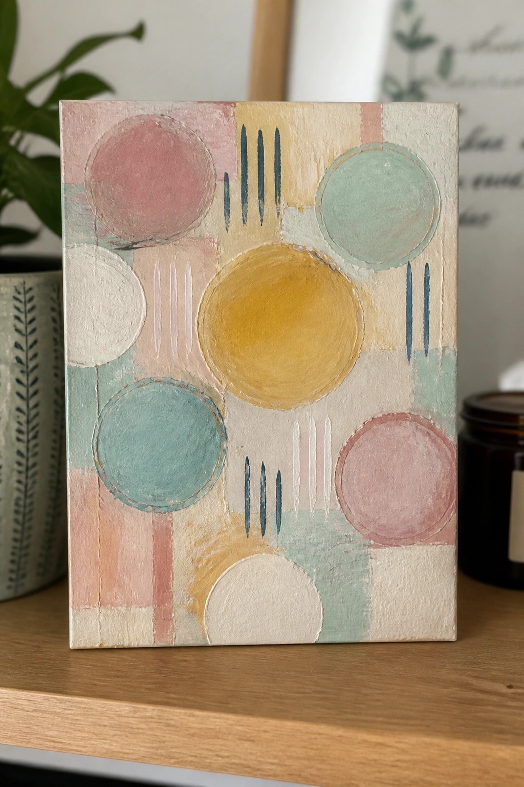 Abstract painting with overlapping pastel circles and lines on textured canvas