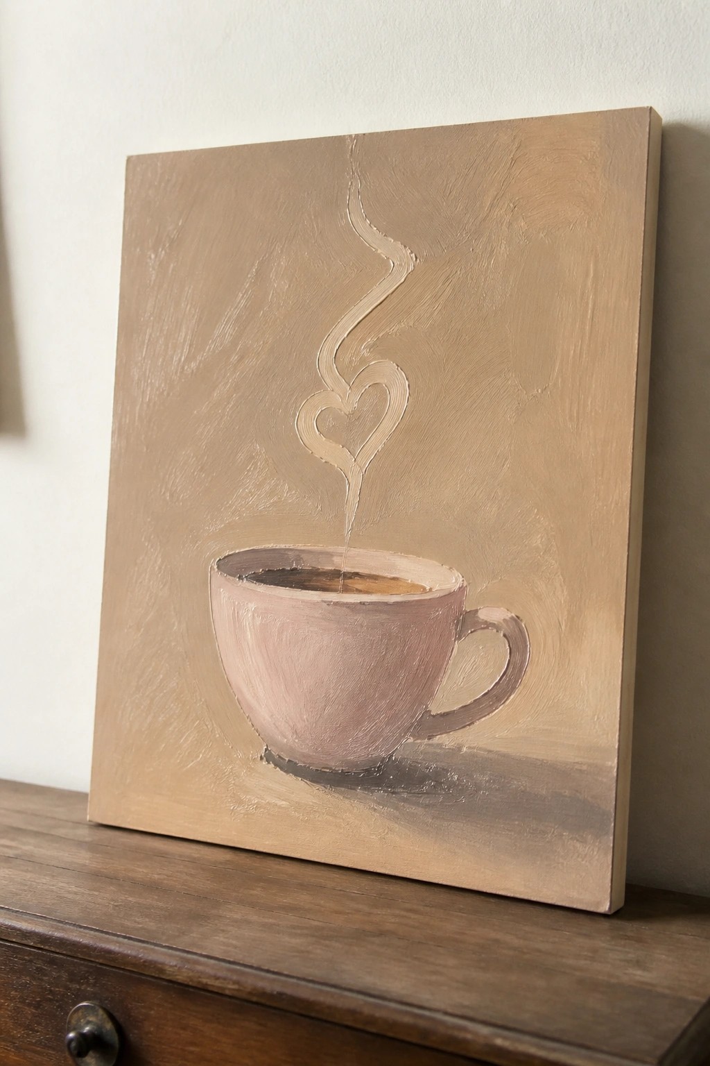 Minimalist painting of pink coffee cup with heart-shaped steam on beige background