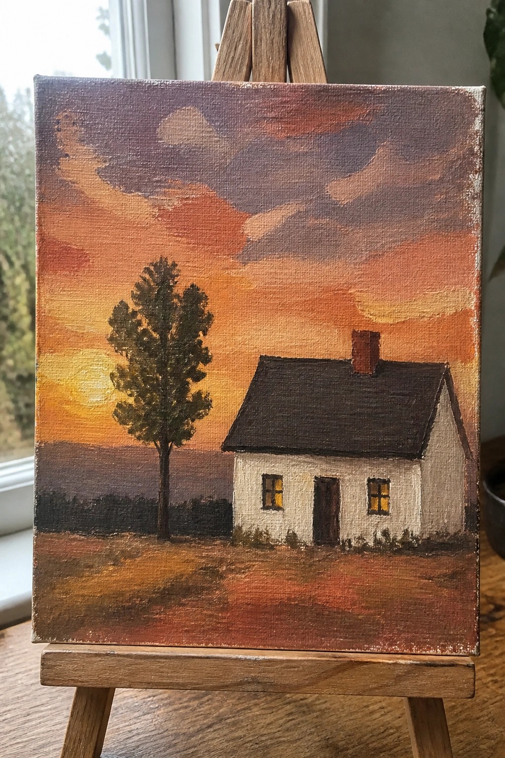 Painting on easel shows white cottage and tree under vibrant orange-purple sunset sky