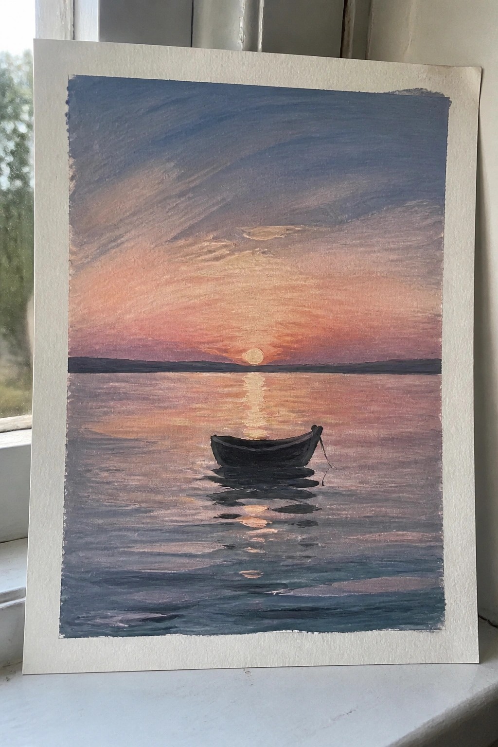 Watercolor painting of a small boat on calm water beneath a vibrant orange-pink sunset sky.