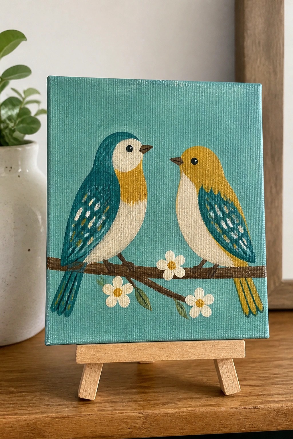 Two colorful birds on a branch with flowers, painted on teal canvas on wooden easel
