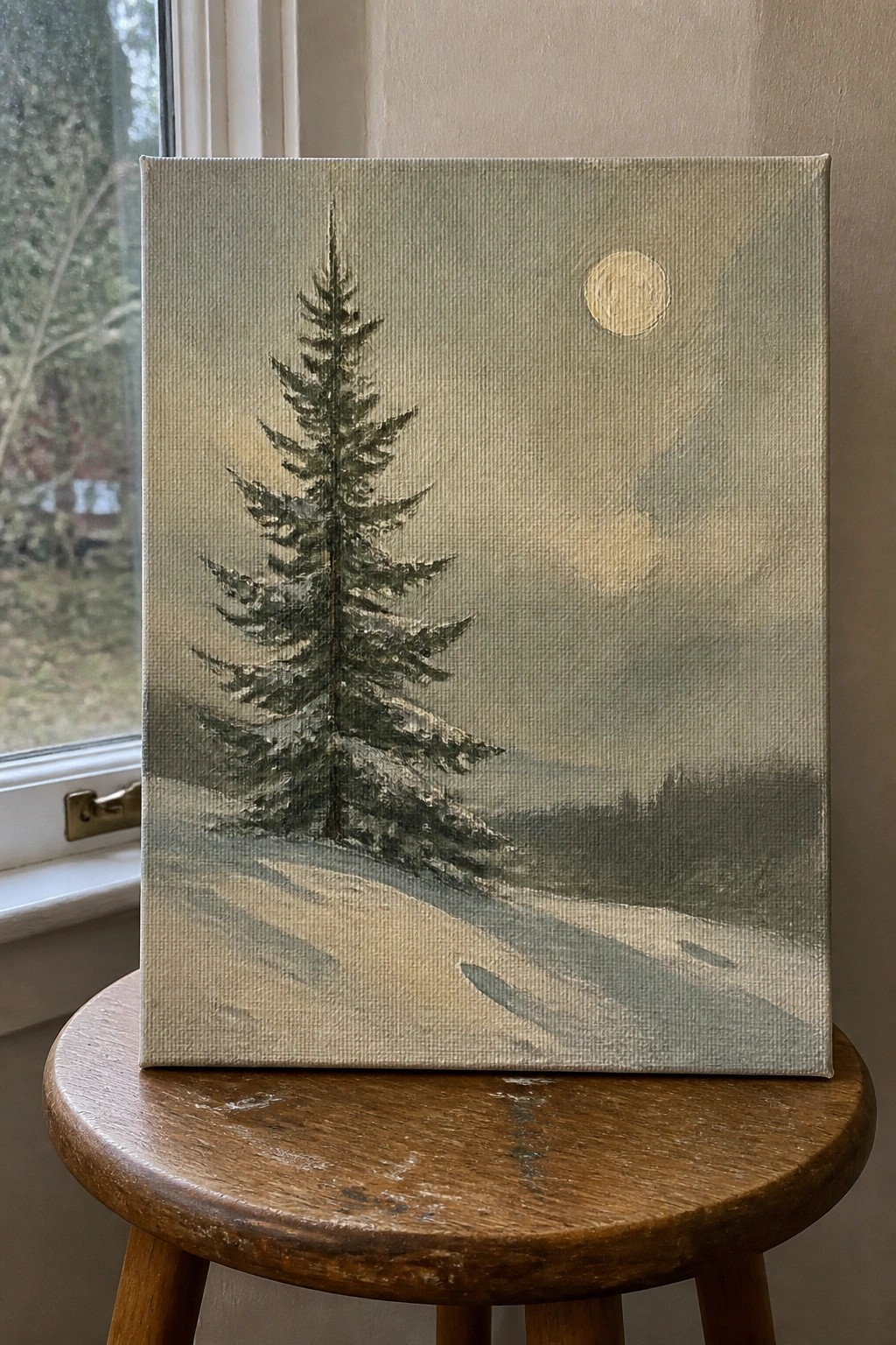 Painting of snowy pine tree under pale moon in muted winter landscape on wooden stool.