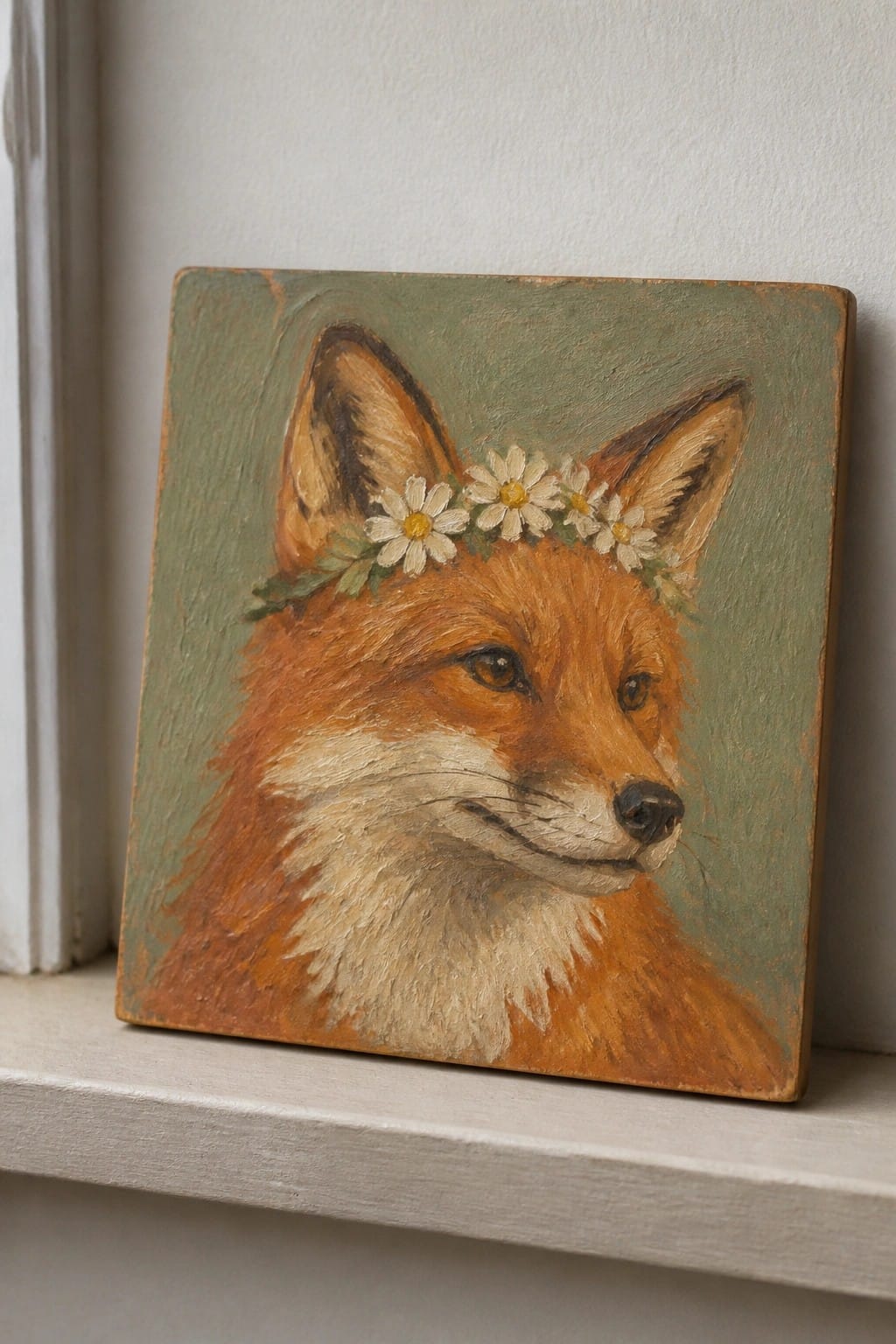 Orange fox with daisy crown on textured green canvas by window.