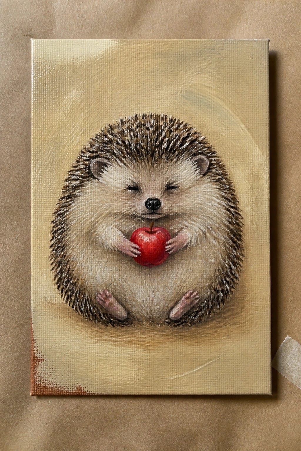 Cute hedgehog with closed eyes holds shiny red apple on beige canvas painting.