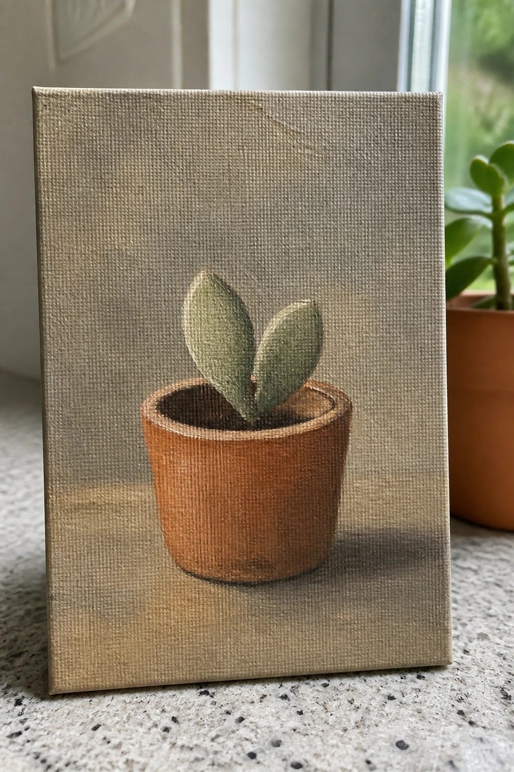 Small canvas painting of green succulent in terracotta pot on speckled surface