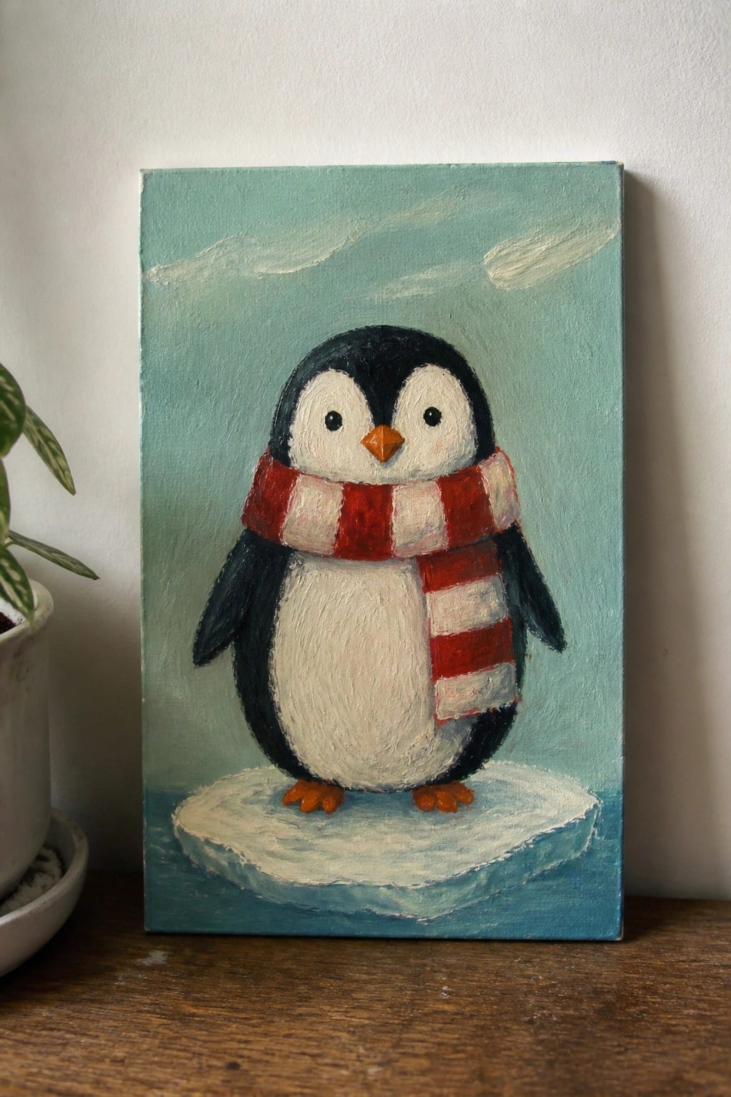 Oil painting of penguin with red striped scarf on ice floe in blue water