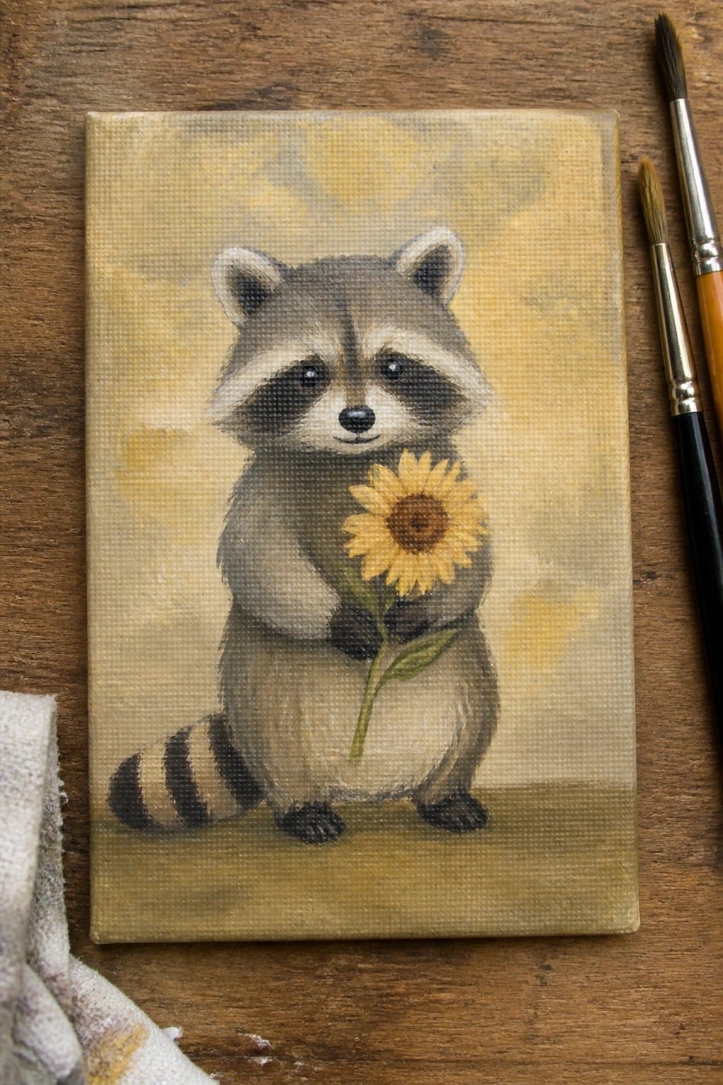 Cute raccoon painting clutching a sunflower on canvas beside paintbrushes on wood