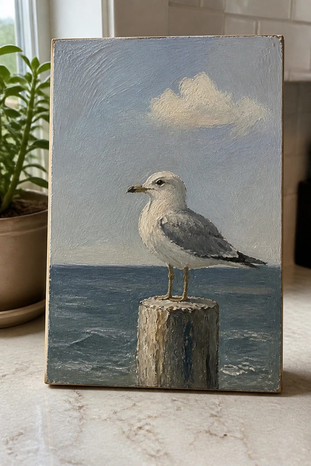Textured oil painting of white-gray seagull perched on wooden post in blue ocean under cloudy sky.