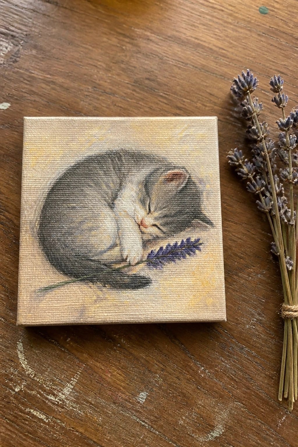 Small canvas painting of sleeping kitten with lavender beside dried flowers on wood