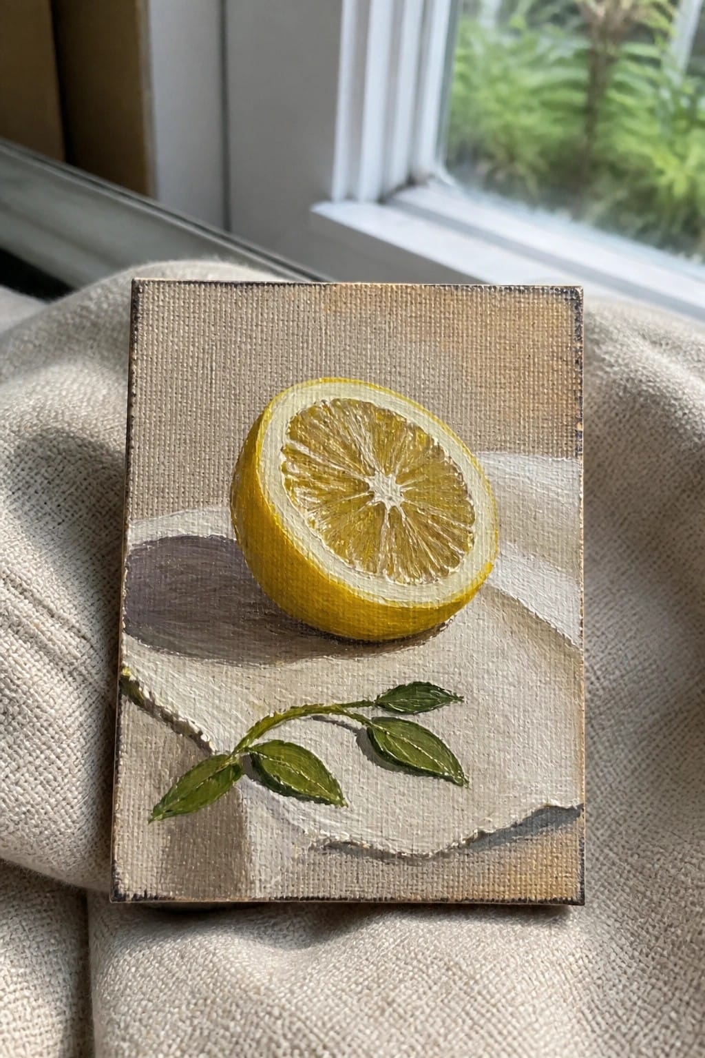 Small canvas painting of halved yellow lemon with leaves on beige fabric by window