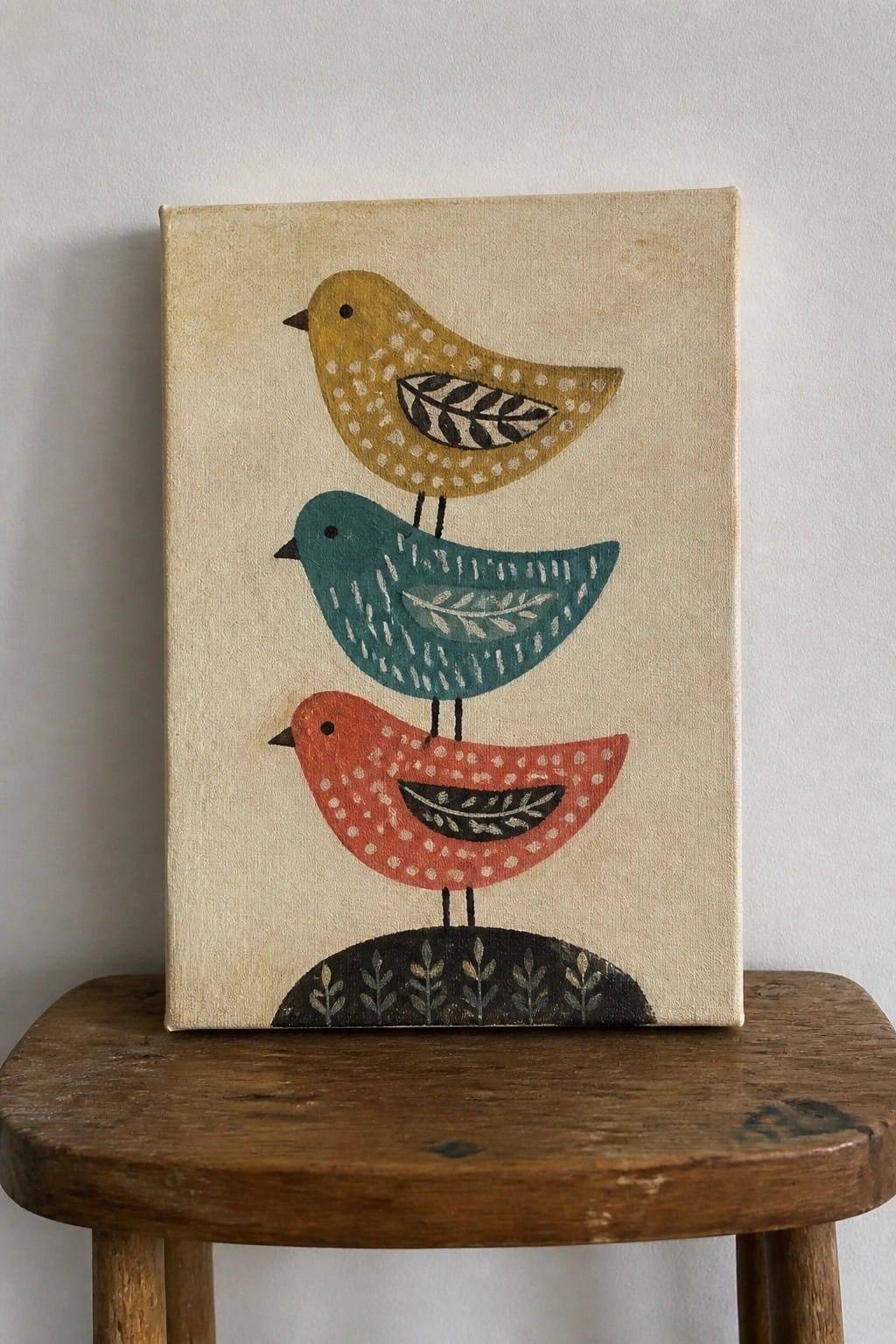 Three stacked birds in yellow, teal, and red on canvas painting