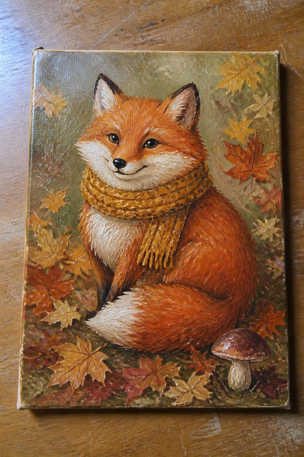 Orange fox in yellow scarf sits amid autumn leaves and mushroom painting