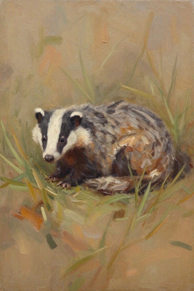 Badger with black-and-white face resting in tall green and brown grass