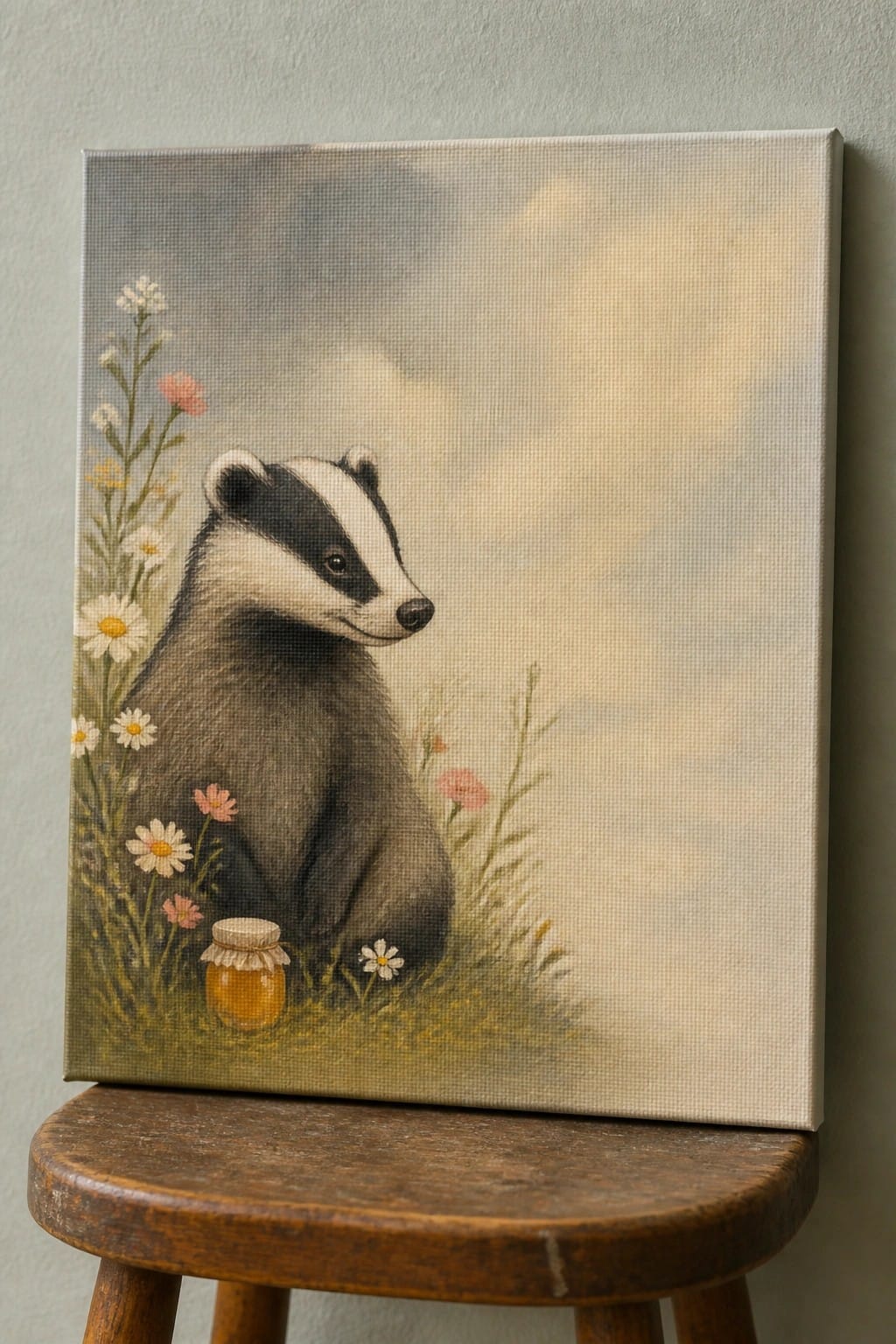 Canvas painting on wooden stool of badger amid wildflowers with honey jar.