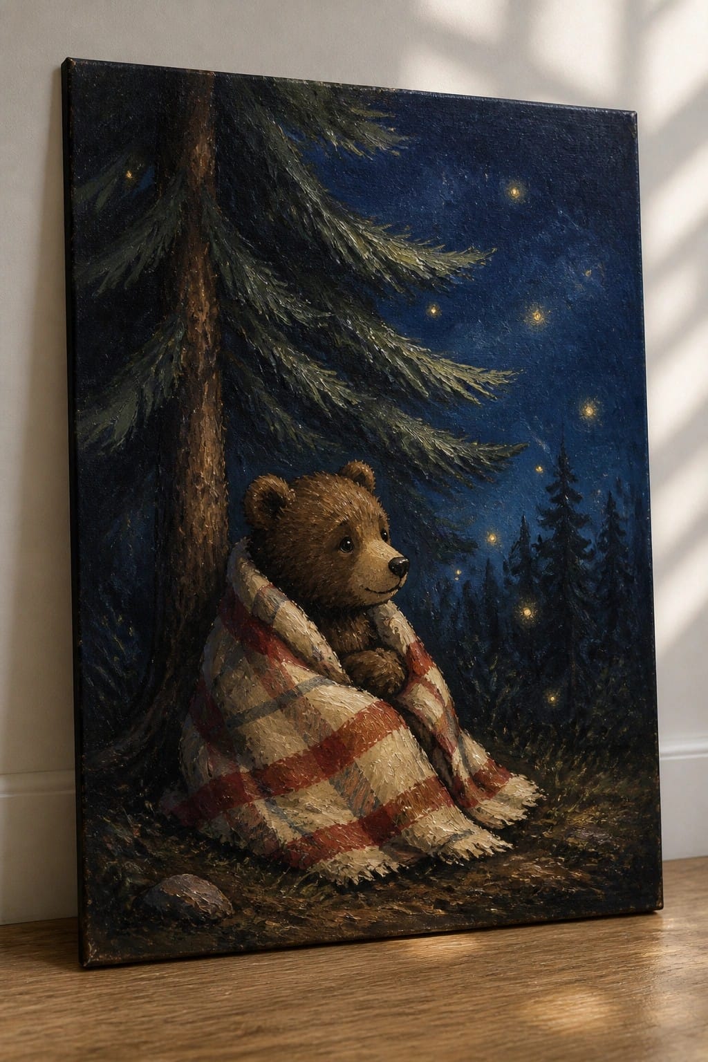 Brown bear cub wrapped in red plaid blanket under pine tree in starry night forest painting.