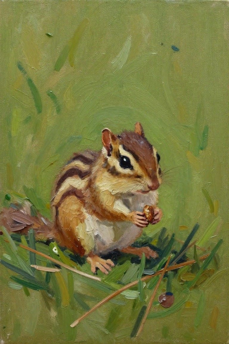 Oil painting of a brown and striped chipmunk eating a nut while sitting in green grass.