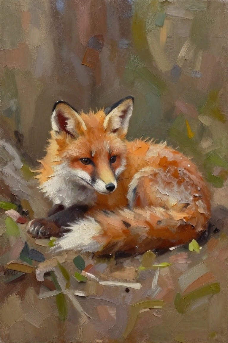 Alert red fox with orange fur curled on forest floor in oil painting.