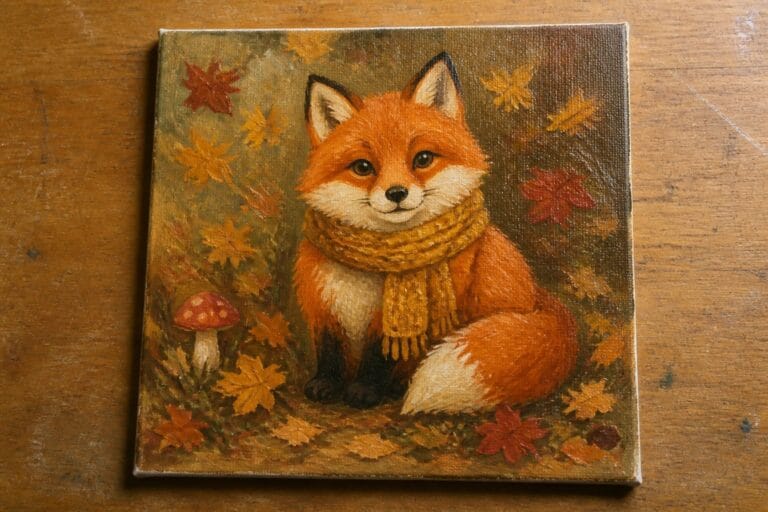 18 Cute Woodland Animal Oil Painting Ideas for Cozy Nature Lovers Orange fox in yellow scarf sits amid autumn leaves and mushroom painting