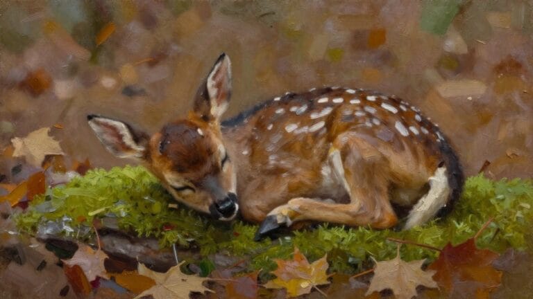 18 Cute Woodland Animal Oil Painting Ideas for Cozy Nature Lovers Sleeping spotted fawn curled on mossy log amid colorful autumn leaves in forest