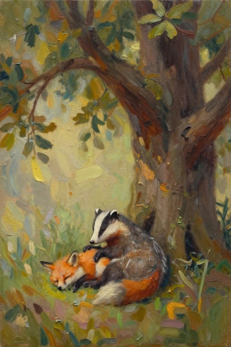 Sleeping fox and badger curled together beneath a forest tree in oil painting