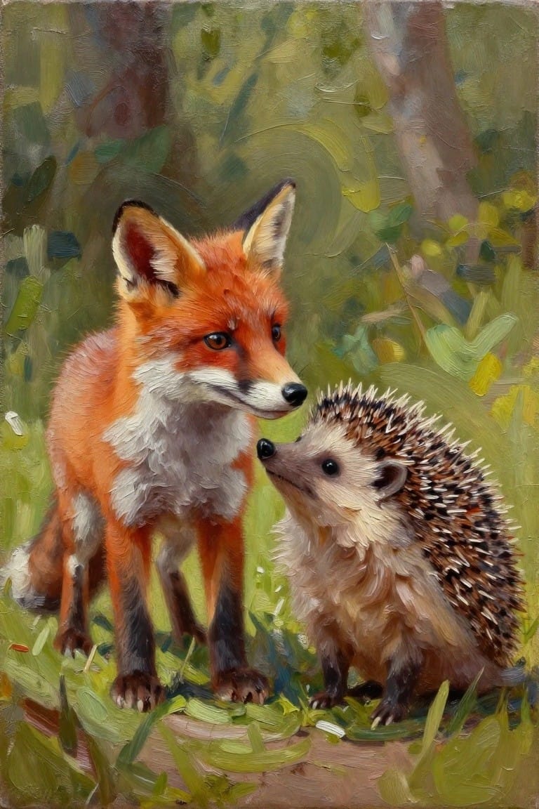 Oil painting of a red fox and hedgehog facing each other in a forest.
