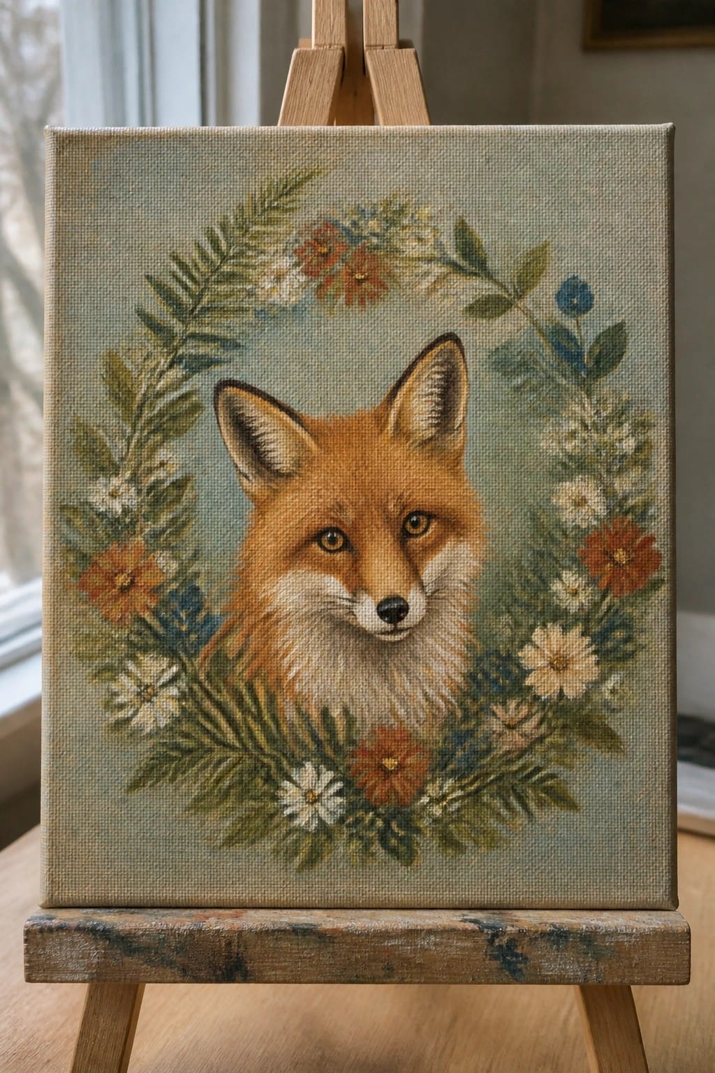 Fox portrait with orange fur in colorful floral wreath on canvas easel