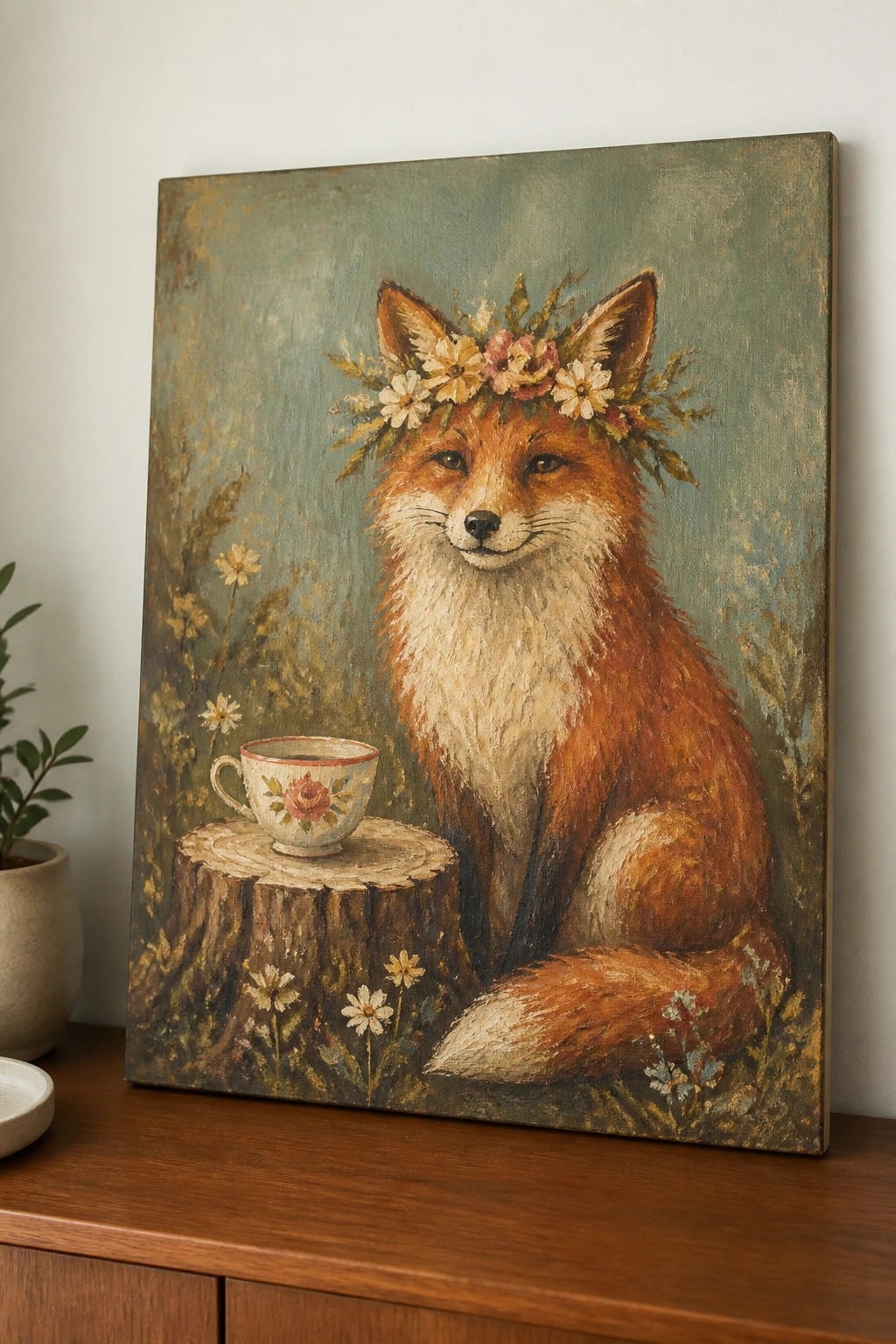 Fox with flower crown sits by floral teacup on wooden tree stump in painting