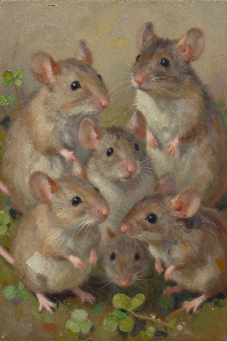 Six brown rats clustered together among green clover plants in a painting.