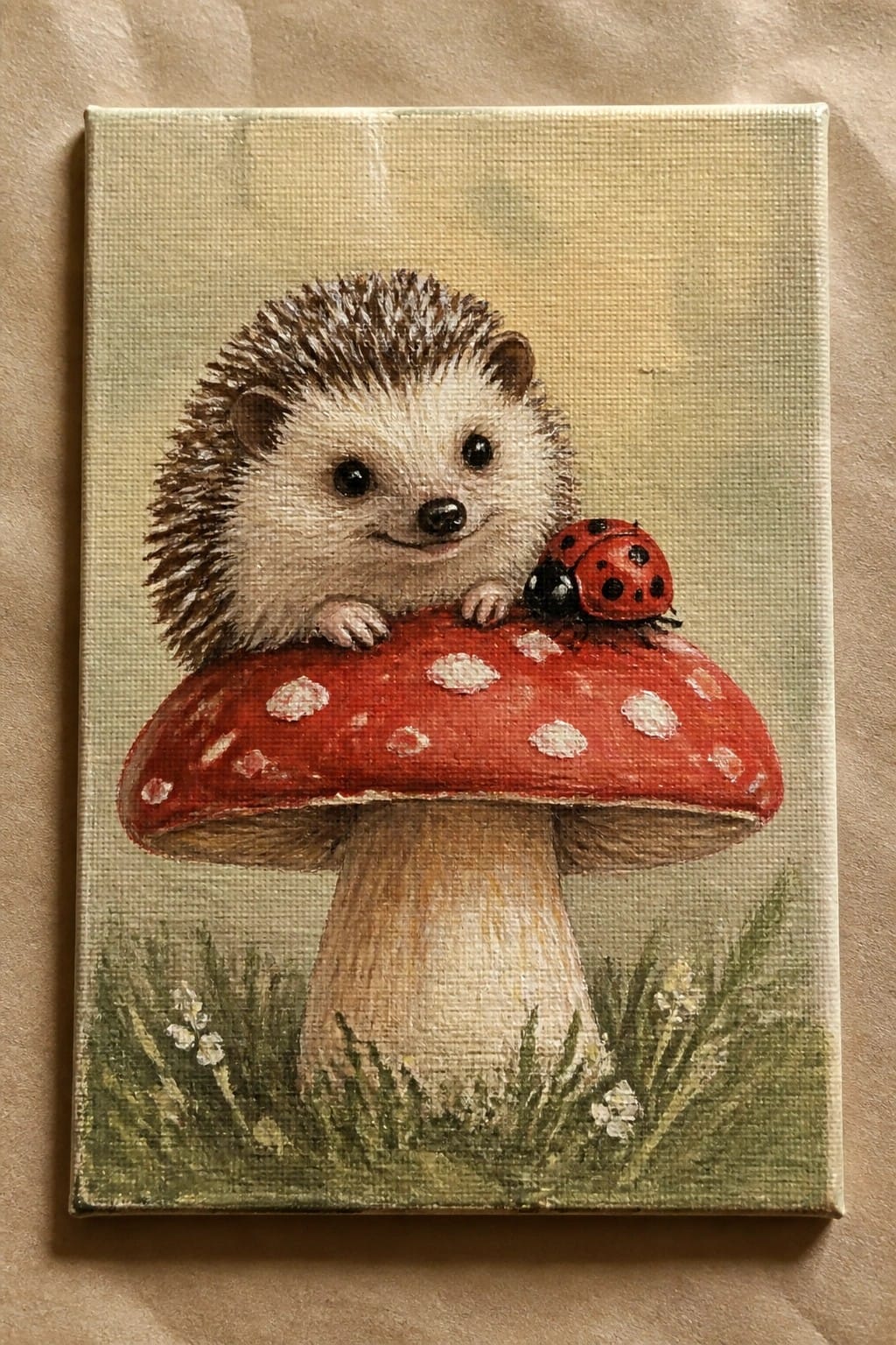 Cute hedgehog peeking over red spotted mushroom with ladybug on top in grass