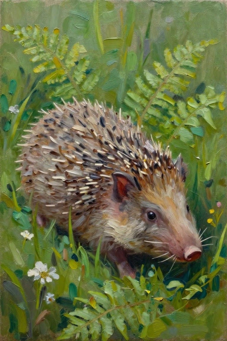 An oil painting of a hedgehog surrounded by green ferns and small white flowers in a forest setting.