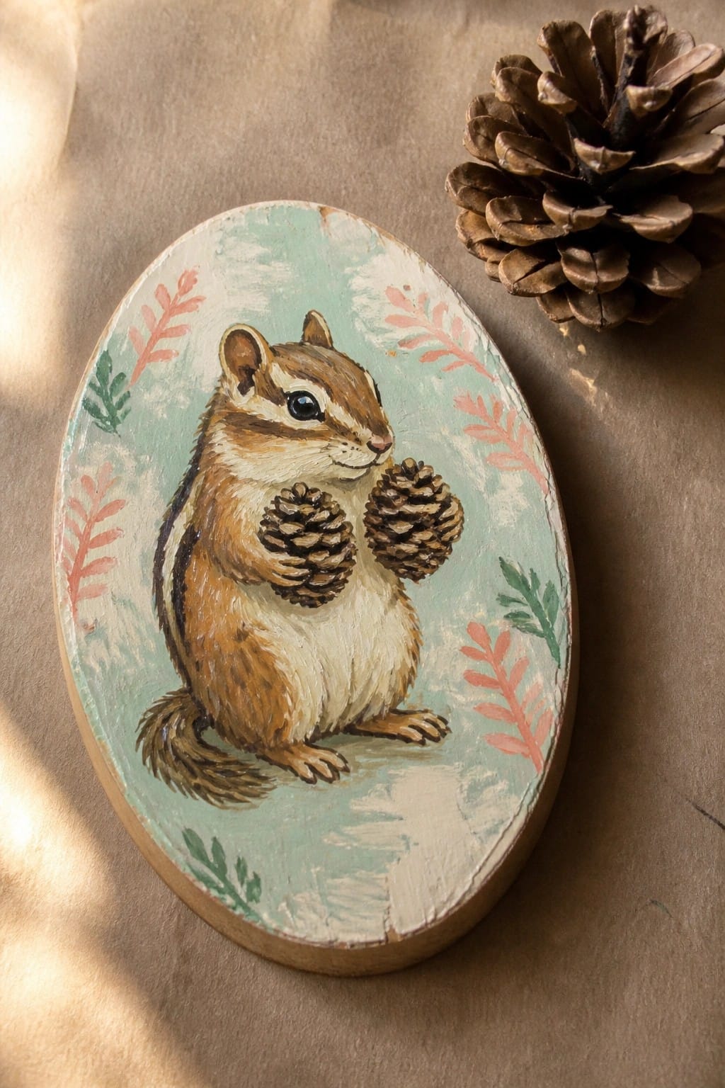 Painted chipmunk holding pinecones on teal oval plaque with pink leaf accents