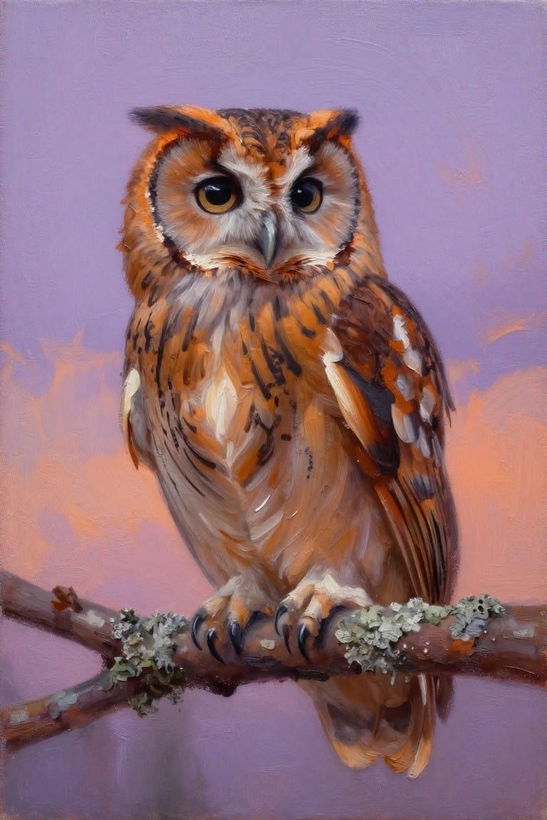 Orange-brown owl with large eyes perched on lichen branch against purple-orange sky.