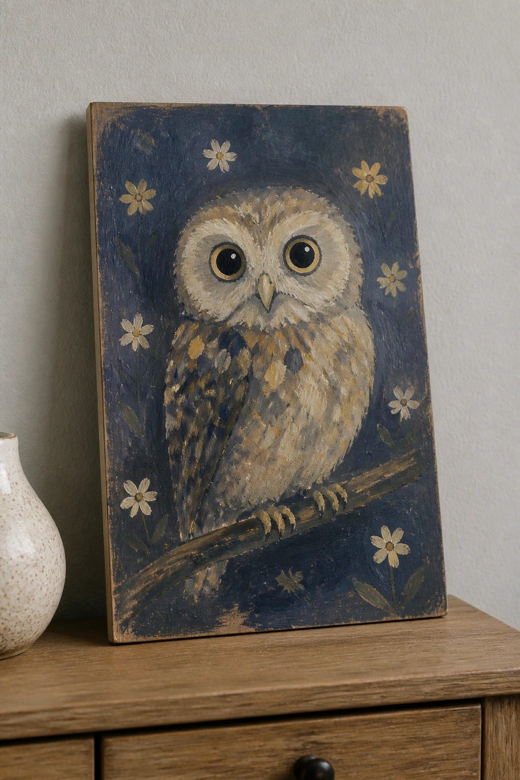 Owl painting on distressed wood with dark blue floral background on cabinet