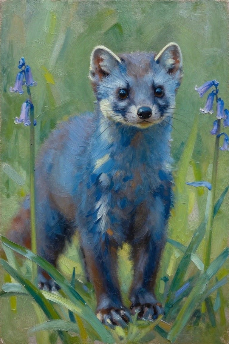 Blue-gray marten amid bluebells and green grass in impressionistic painting