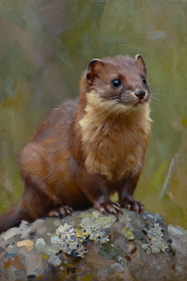 Brown marten perched alertly on lichen-covered rock in oil painting style