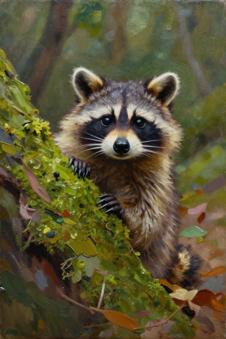 Curious raccoon clings to leafy branch amid forest foliage in oil painting.