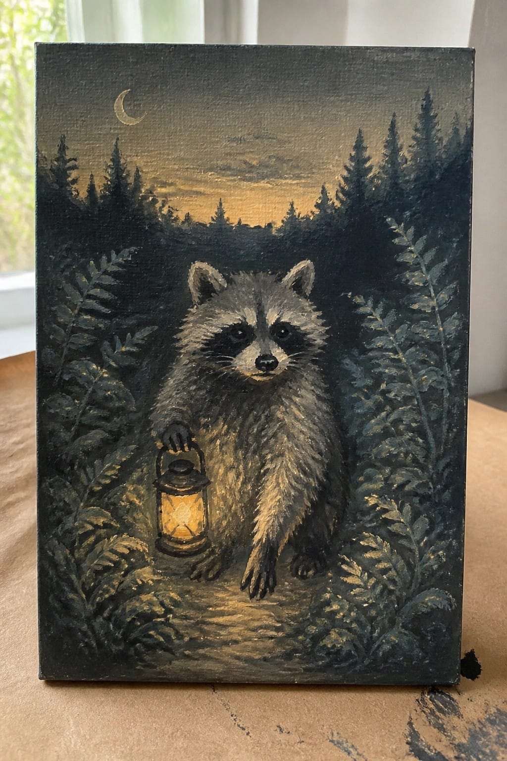 Raccoon holding lit lantern amid ferns in dark pine forest under crescent moon.