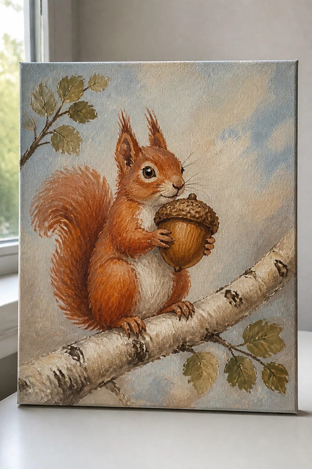 Red squirrel clutching acorn on birch branch against soft blue sky with leaves