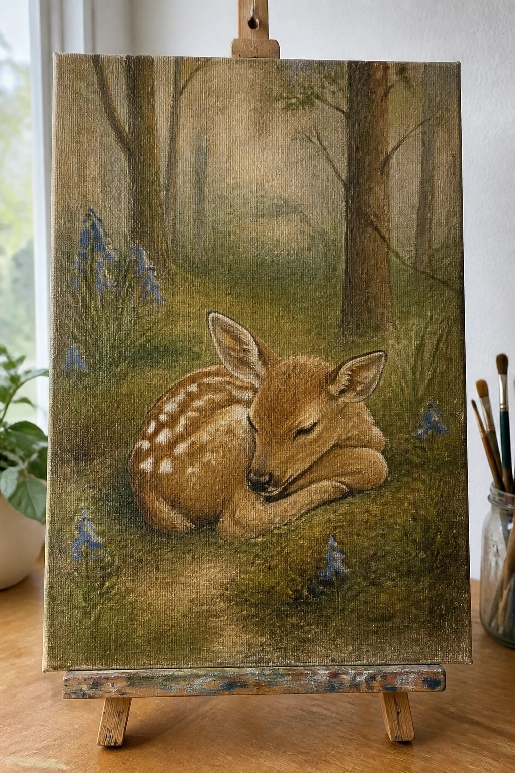Painting of sleeping fawn in forest on easel with paintbrushes nearby